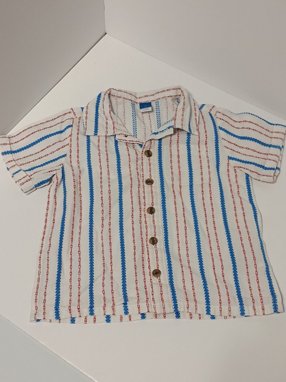 Toddler Boys White Blue Red Stripe Button Front Short Sleeve Shirt Brand:
